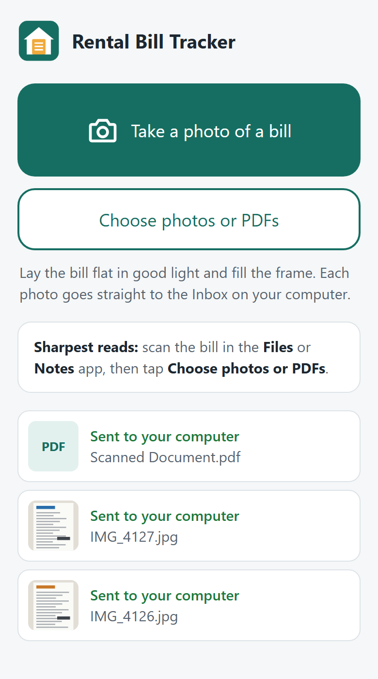 The Rental Bill Tracker page on a phone: a big Take a photo of a bill button, Choose photos or PDFs, and three bills marked Sent to your computer.