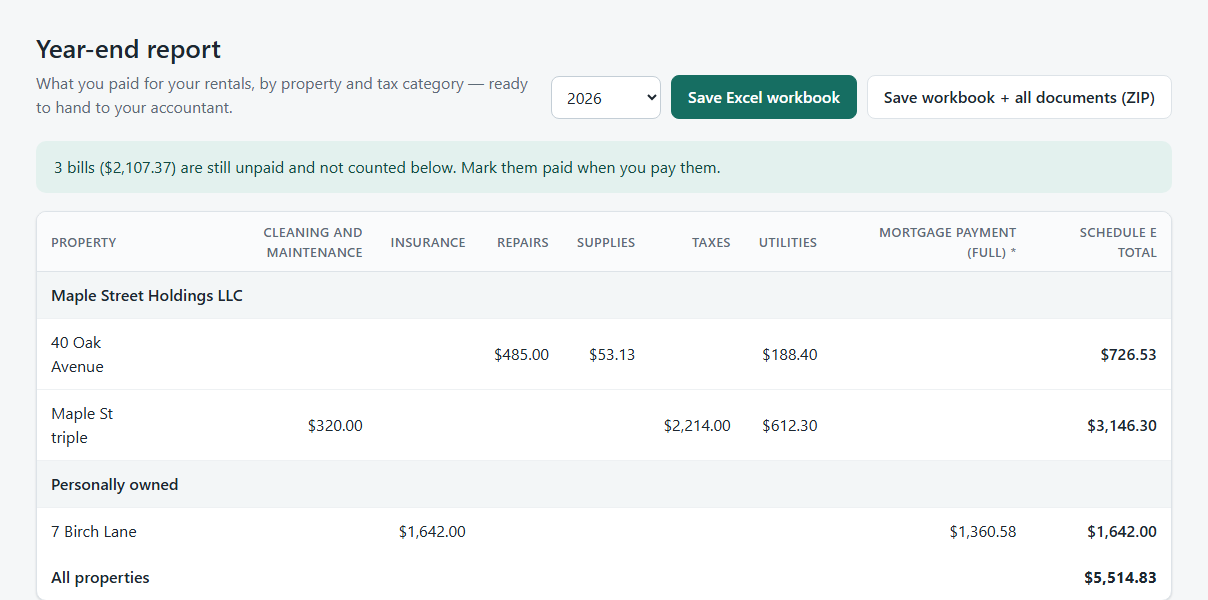 The year-end report: expenses by property under Schedule E categories, grouped by LLC, with buttons to save an Excel workbook or a ZIP of all documents.